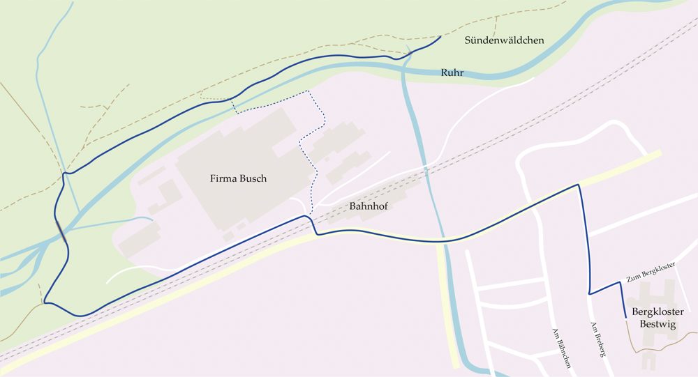 So sieht die neue Routenführung auf der Nordroute des Klosterweges zwischen Sündenwäldchen und Bergkloster aus. Gestrichelt ist die alte Streckenführung markiert. Der neue Weg ist etwa 600 Meter länger. Grafik: SMMP/Daniela Korsch